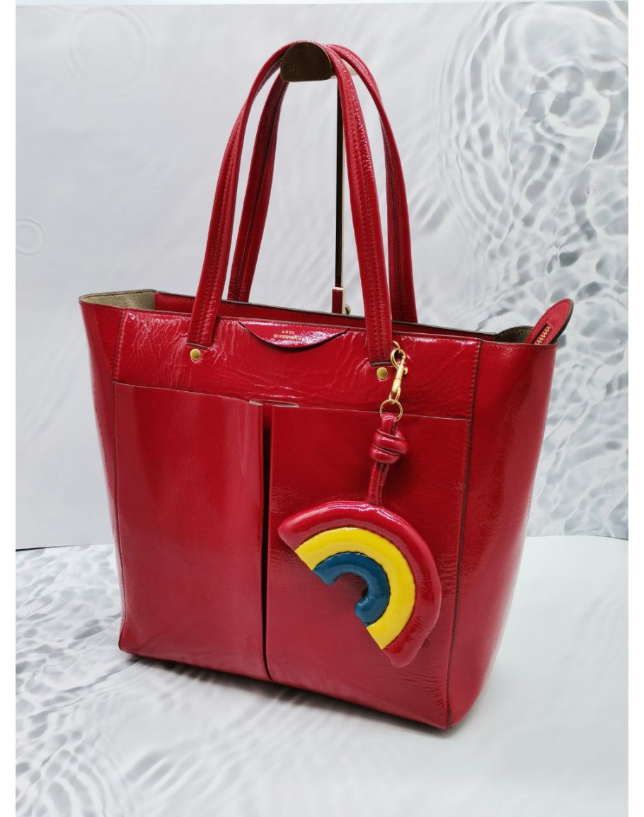 ANYA HINDMARCH RED TOTE BAG WITH RAINBOW KEY CHAIN